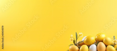 Copy space image of a beautiful Easter composition featuring painted eggs against a vibrant yellow backdrop perfect for adding your own text