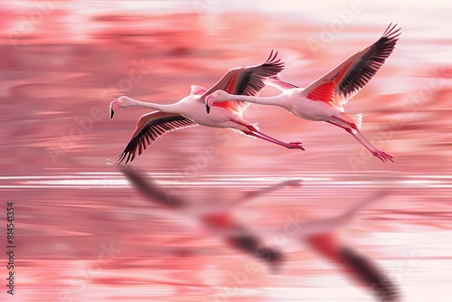 Flamingos soaring in shades of pink in the mirrored lakes, creating beautiful and delicate views