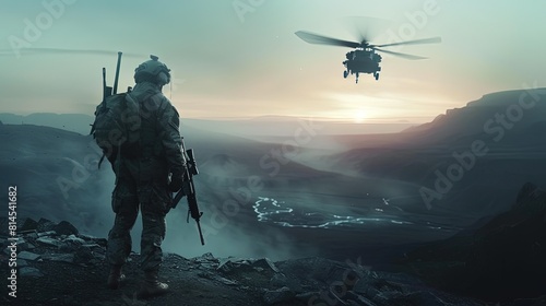 War. Soldiers. Helicopter. Background. Helicopter provides vital air support.