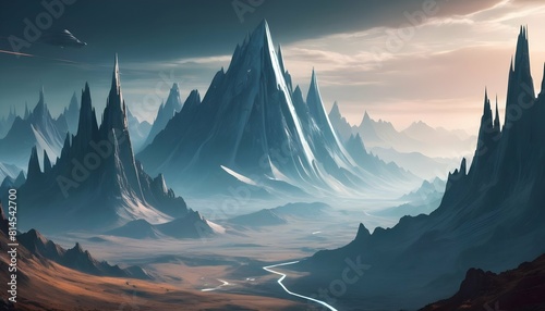 A mountain range depicted in a futuristic sci fi