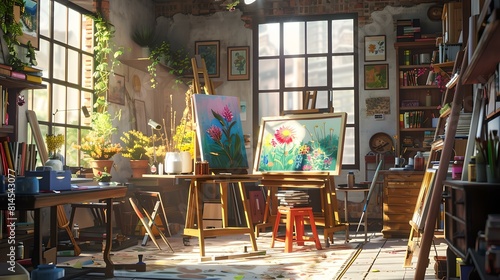 Sunlit art studio interior with easel and colorful painting, a creativity-inspiring space