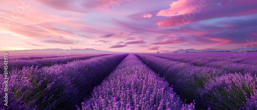 Vibrant lavender fields under a clear sky, stretching peacefully toward the distant horizon.