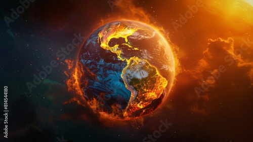 Global warming, temperature increase, and climate change disasters projected on a globe under extreme heat from the sun