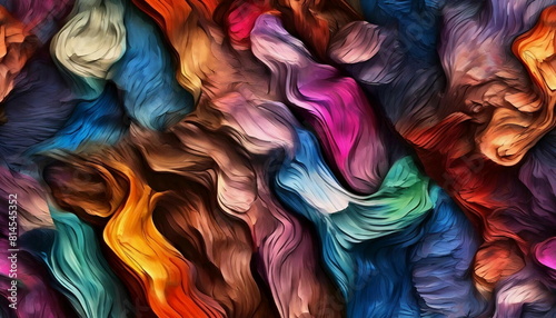Abstract colorful fiberous strands filling the scene, shapes twisting and turning into one another, colors softly combining together. Background wallpaper material.