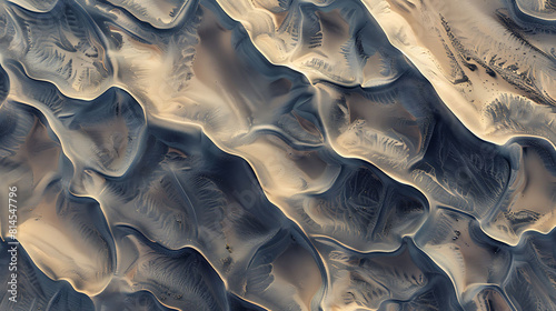 The intricate patterns of sand dunes seen from a bird's eye view