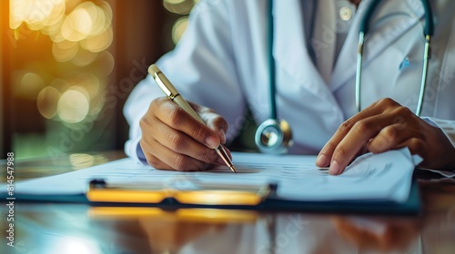 a doctor's hand is holding a pen to write a report