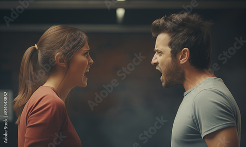 Angry young couple yell at each other, arguing, family life problems, illustration generated by ai