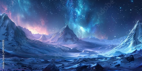 Rocky Terrain with Aurora Lights. Blue Sky Wallpaper with copy-space.