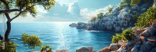 Large stone cliffs of the seashore surrounded by blue waters of the sea, green trees and bushes crawl the stones realistic nature and landscape