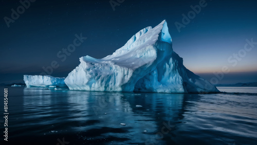 A large ice block floating in the night ocean