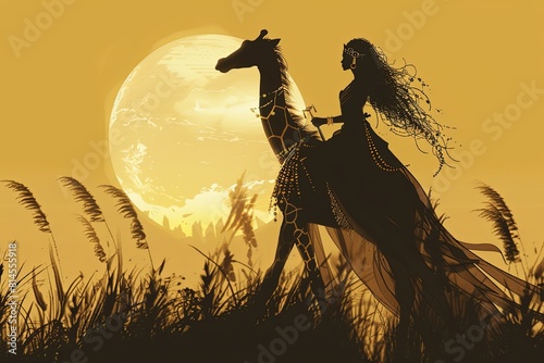 Egyptian queen riding a giraffe illustration at fool moon