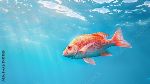 Underwater image of a red snapper. The fish is in the foreground and is facing the left of the frame.