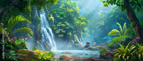 Lush tropical jungle with serene waterfalls, monk meditating in peaceful surroundings, surrounded by nature's beauty.