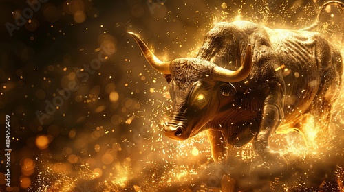 Highenergy visual of a golden bull, its eyes glowing, charging amidst a shower of golden sparks, representing a booming financial market