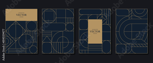 Geometric line pattern poster design vector. Set invitation card of abstract art decor design on dark blue background. Use for wedding invitation, cover, VIP card, print, gala, wallpaper.