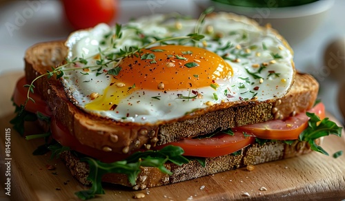 Freshly prepared open-faced sandwich with a fried egg, tomatoes, and arugula