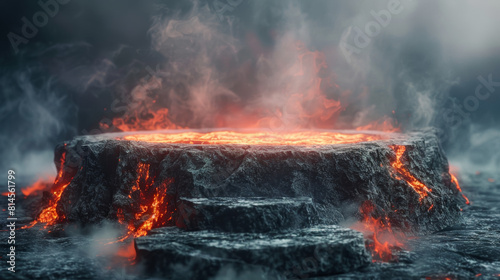 A lava pit with smoke and fire surrounding it