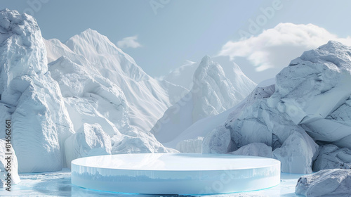 A large, empty, white ice sculpture in the middle of a snowy mountain range
