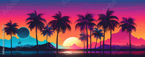 Tropical beach with palm trees  silhouette at sunset background. Vivid retrowave synthwave vaporwave wallpaper for party poster. Summer landscape. Vacation travel concept. Electronic retro music cover