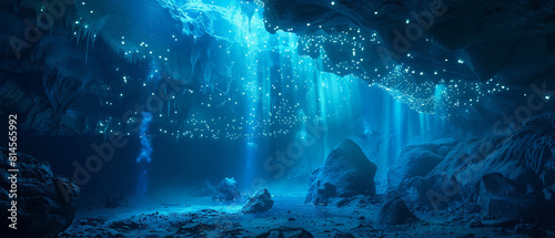 Mysterious underwater cave illuminated by glowing bioluminescent creatures, creating a magical and enchanting atmosphere.