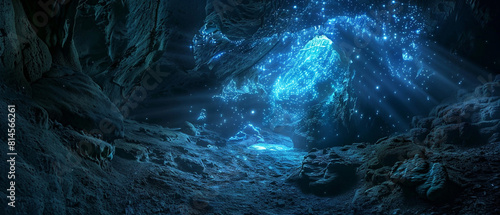 Glowing bioluminescent creatures illuminate a dark underwater cave with intricate rock formations and marine life.