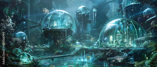 Fascinating underwater city filled with glass domes and glowing bioluminescent creatures in the night.