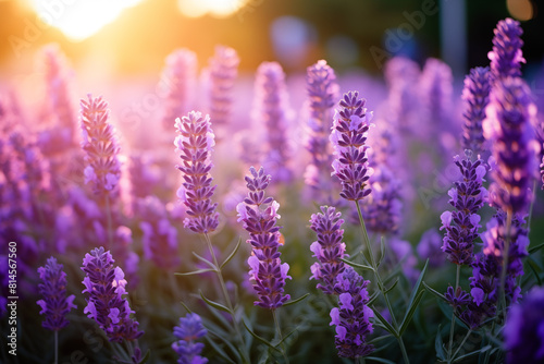 Lavender flowers in the garden. Soothing Sunset Glow Over Lavender Field. Generative AI