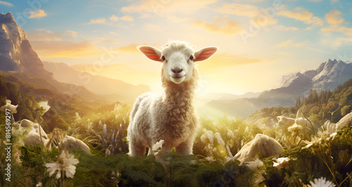 llama standing in the mountains in the sun,lamb, sheep, animal, farm, spring, field, grass, goat, agriculture, wool, meadow, baby, white, nature, mammal, animals, farming, green, livestock, cute