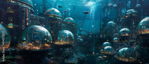 An underwater city with glass domes, bustling with marine life in vivid colors.