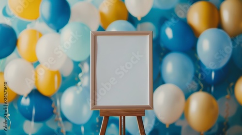 Empty frame placed on stand With a backdrop of bright blue and yellow balloons. creating a cheerful atmosphere A background reminiscent of a lively party or event. is blurred to create a bokeh effect.