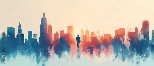 Background business flat design side view financial district theme water color colored pastel