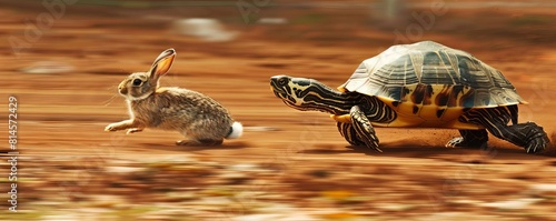 Humorous race scene at the Paris Olympics with a turtle surprisingly leading with a rabbit on its back, highspeed macro style