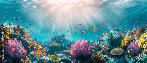 Vibrant coral reef bustling with colorful marine creatures, captured in a stunning underwater photograph.