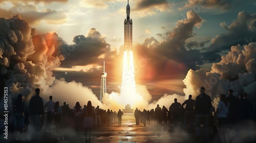 Side view of a rocket launch, the landscape and spectators all in motion blur, hyperrealistic, with highcontrast lighting from multiple angles