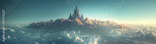 Wallpaper of a 3D fantasy castle floating in the sky, top view, Skyhigh kingdom, Scifi tone, Analogous Color Scheme