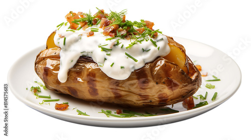 A baked potato with sour cream and chives on top and a transparent background.