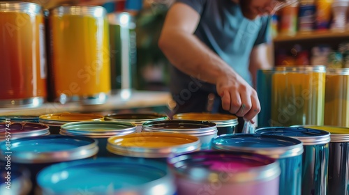 Behind the scenes: A close-up of a young man skillfully labeling paint cans for display.