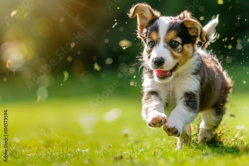 Playful dog dash in a sunny green field