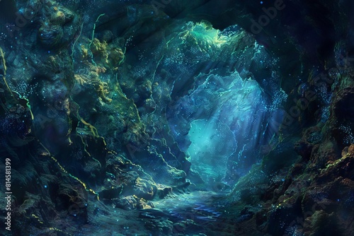 ethereal underwater world bioluminescent algae illuminating deepsea gorges and tunnels digital painting
