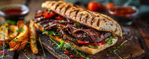 Gourmet steak sandwich with sides on rustic table