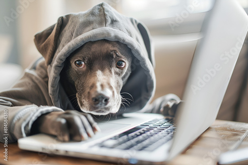 Smart working dog using computer typing on laptop keyboard. Designer freelancer working remotely from home Pet clothes gray jumper hoodie. quarantine Social distancing lifestyle. looking to the scree