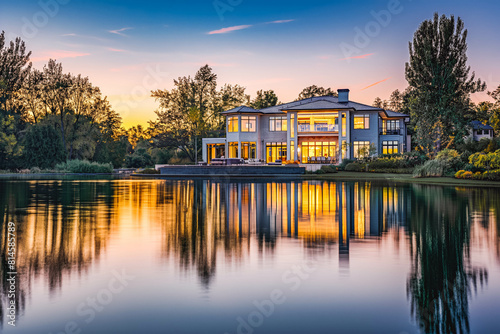A serene waterfront property overlooking a tranquil lake, its pristine facade mirrored in the calm waters at sunrise.