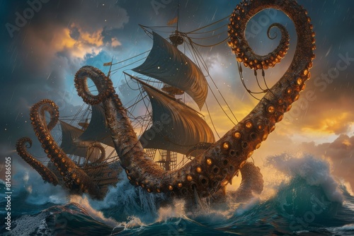 A Ship Under Siege by a Giant Kraken with Enormous Tentacles in a Stormy Ocean, Capturing the Dramatic and Mythological Adventure on the High Seas, Generative AI