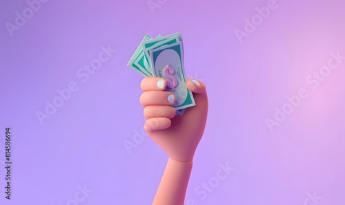 3D Hand holding banknote on purple background, money saving, online payment and payment concept.