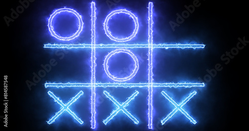 Blue and purple Tic Tac Toe game icon on a black background. Glowing neon line Tic Tac Toe X-O game icon on a black background. Technology video material animation. Easy to use in any video.