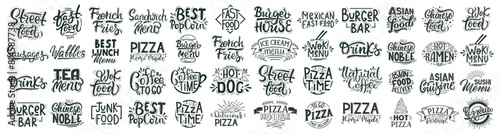 Big set fast food lettering. Hand drawn labels for bars, cafes selling pizza, ramen, waffle, popcorn, burgers