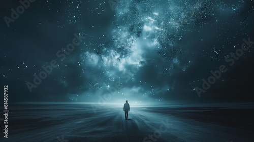 Loneliness under the starry sky, one man walking in the night