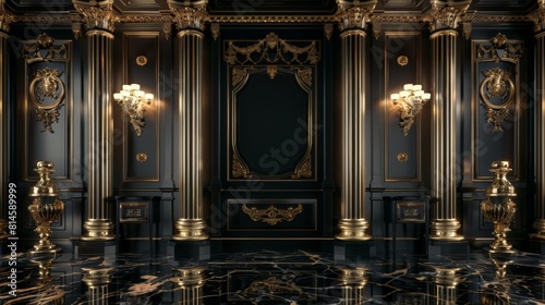 Black and gold classic interior background. 3d rendering