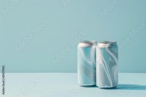 Close-up of two different colorful aluminum drink cans on a blue background.