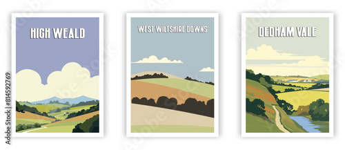 High Weald, West Wiltshire Downs, Dedham Vale Illustration Art. Travel Poster Wall Art. Minimalist Vector art
